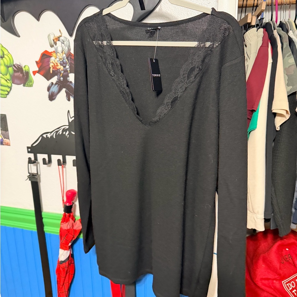 Torrid Black Long Sleeve Lace V-Neck Top